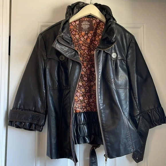 Solitaire by Ravi Khosla Brown Faux Leather Moto Jacket Size Medium - Picture 4 of 7